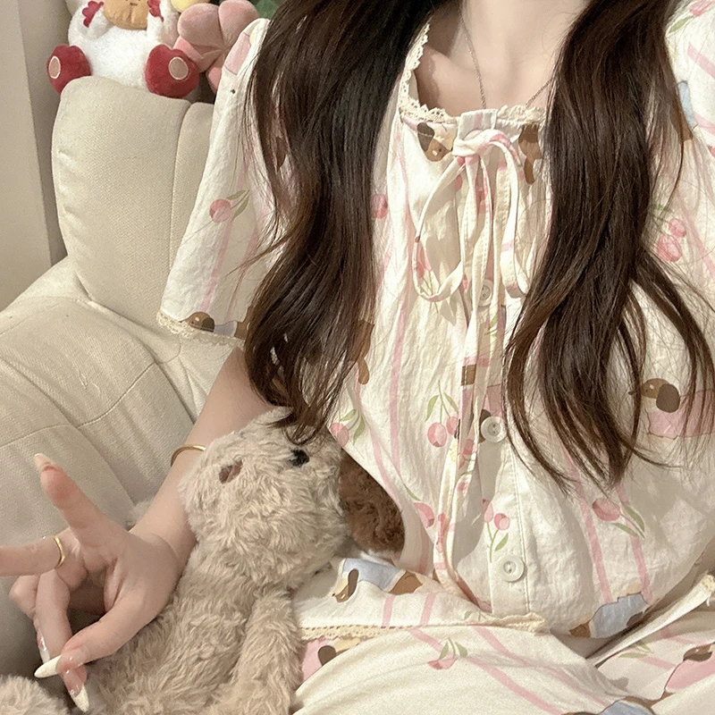 郁金香腊肠狗可爱短袖睡衣少女感2025年夏季新款带胸垫甜美家居服