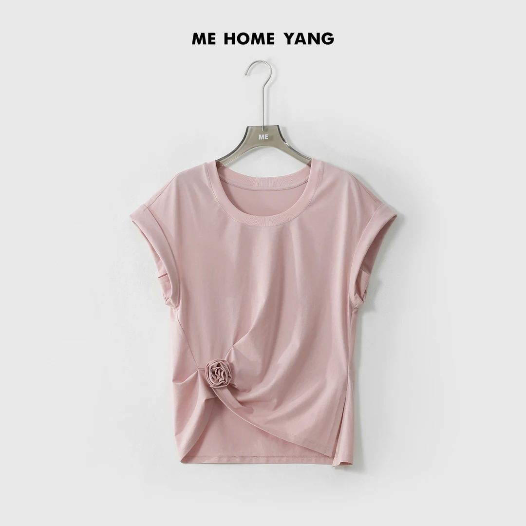 ME【花朵捏褶T】天丝混纺轻柔甜嗲显瘦舒适时尚百搭休闲T恤MESS3703