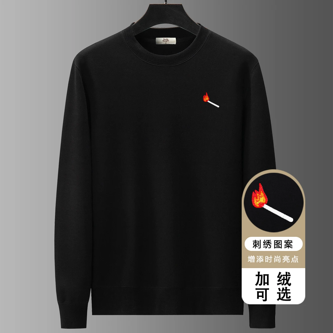 约文库费男士卫衣秋冬季火柴刺绣纯棉上衣加绒保暖休闲长袖打底衫