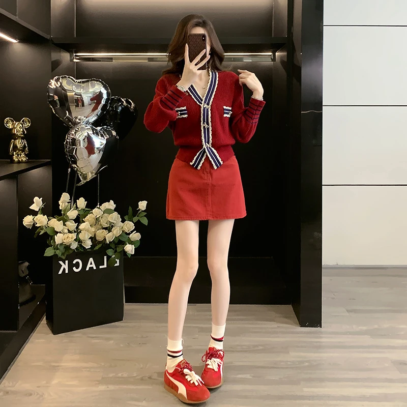 休闲风时尚套装女装针织上衣包臀半身裙时尚高腰小香风显瘦两件套