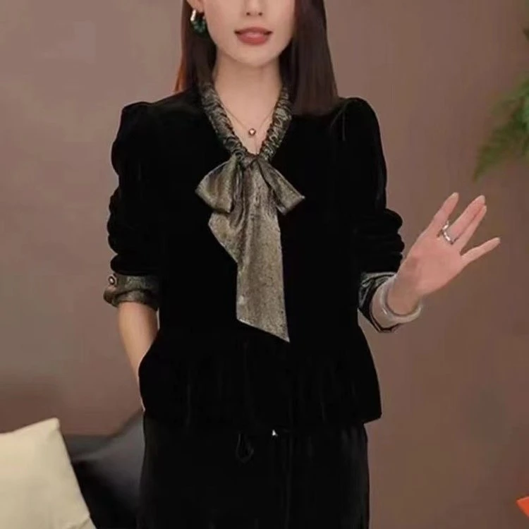 直播款2024春秋新款时尚洋气飘带长袖打底衫气质妈妈装长袖恤女