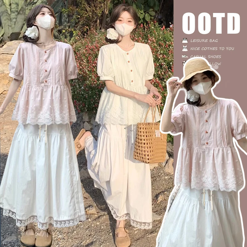 2025夏季新款孕妇套装甜美减龄上衣蕾丝拼接衬衫短袖半身裙两件套
