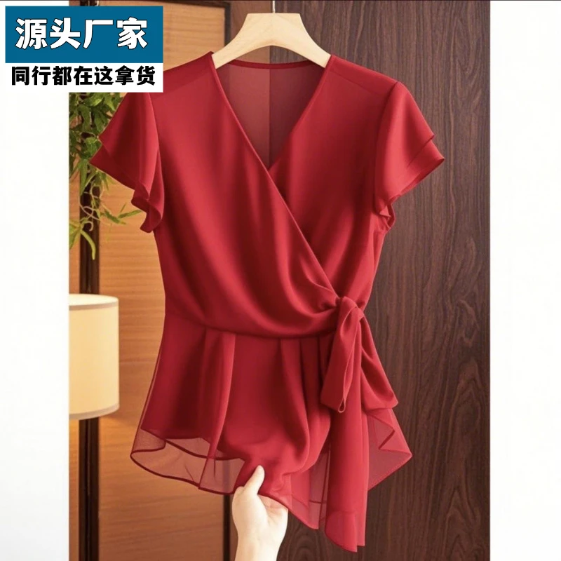 梵乐芬法式V领雪纺衫显瘦收腰衬衫夏季新款设计感洋气小衫