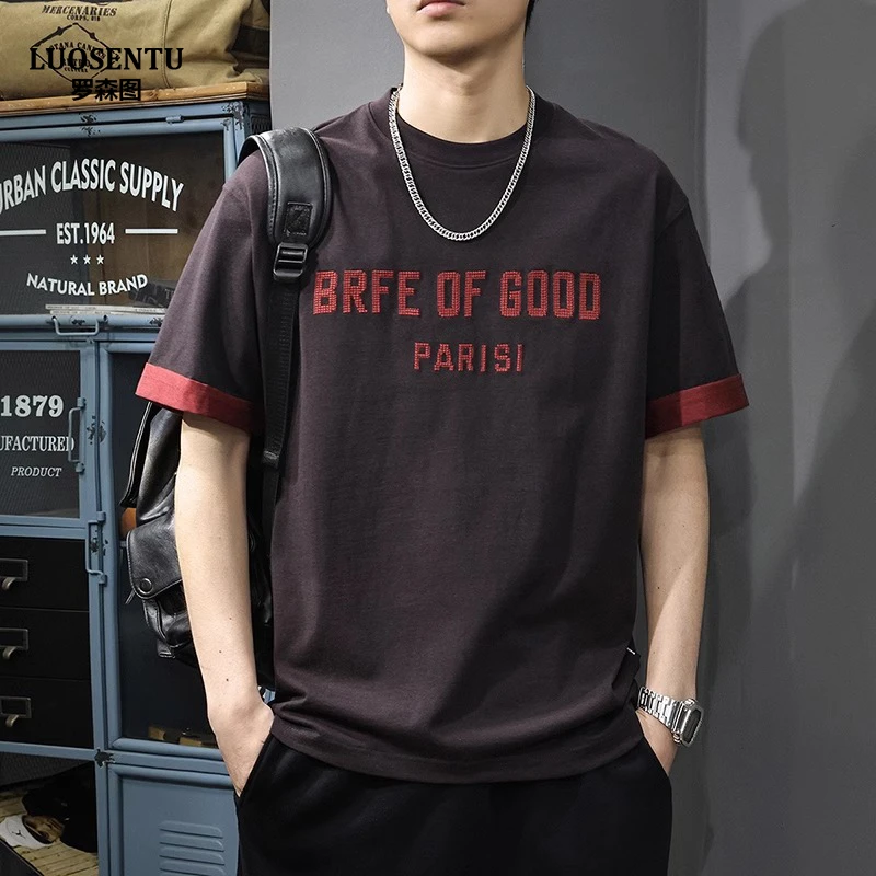 时尚新款潮牌撞色纯棉短袖t恤男士夏季宽松ins痞帅刺绣半袖体恤男