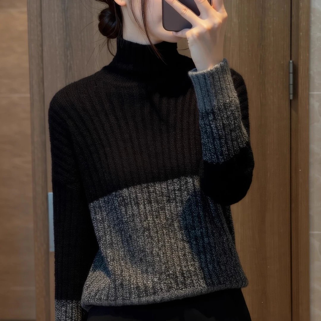2025冬季新款女装高领拼色设计感加厚坑条针织毛衣宽松长袖打底衫