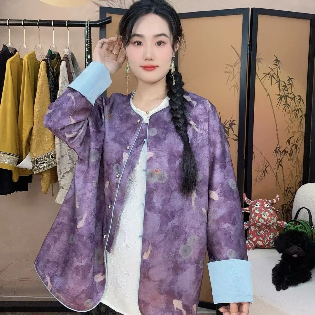 【小许夫妇】鱼跃龙门提花紫色气质新中式女立领外套