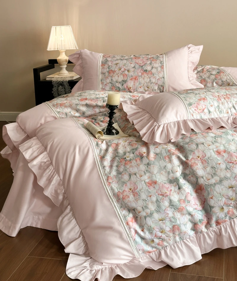 法式花边工艺款纯棉贡缎四件套双人被套大床单柔软亲肤四季通用