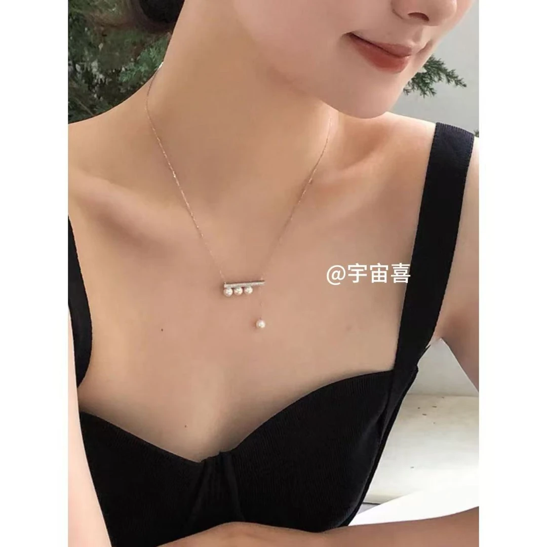 坠链均925银仿珍珠 G3-078【925银白锆贝珠平衡木抽拉四颗贝珠项链