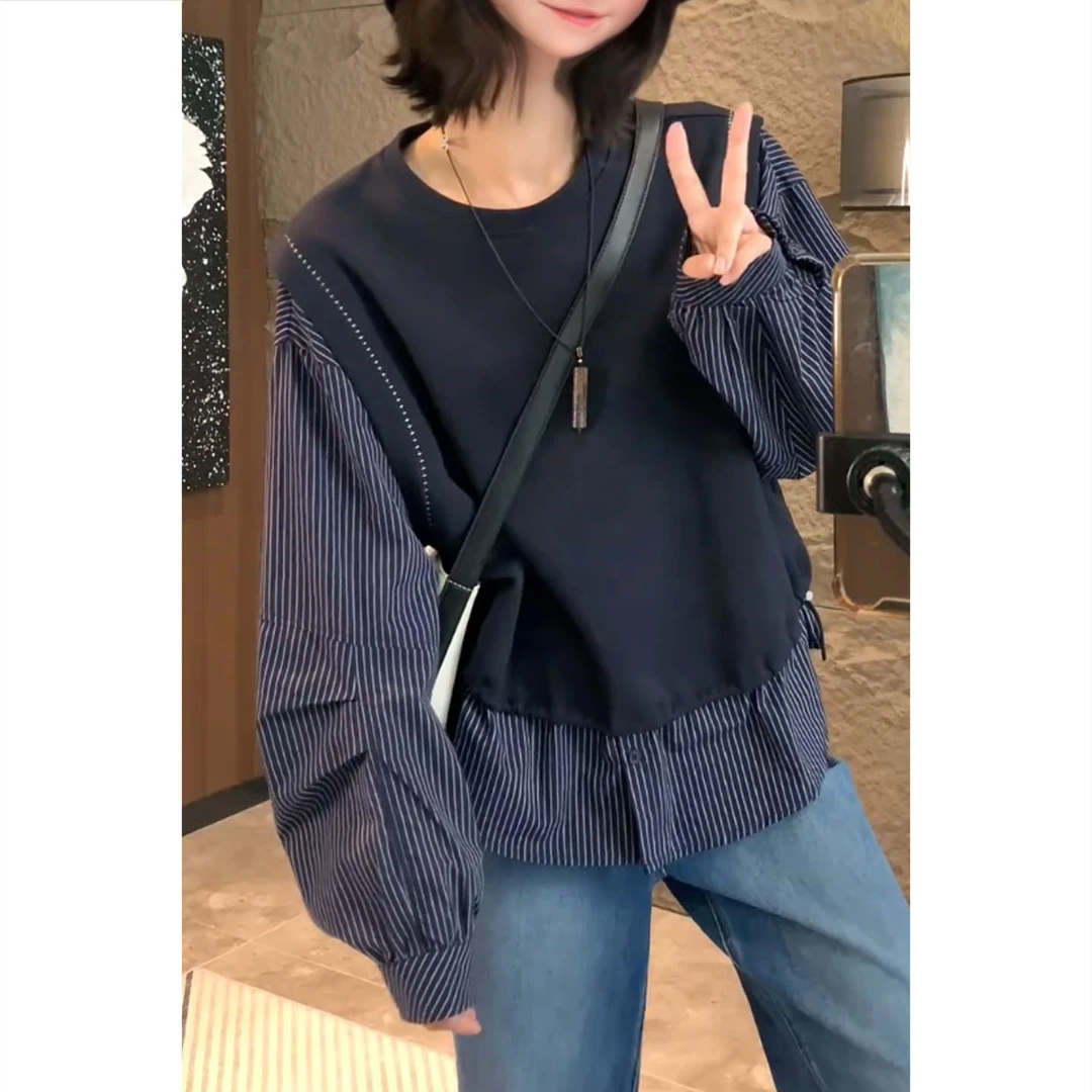 艾塔莉休闲风秋季上衣假两件韩版衬衫洋气百搭拼接宽松百搭INS风