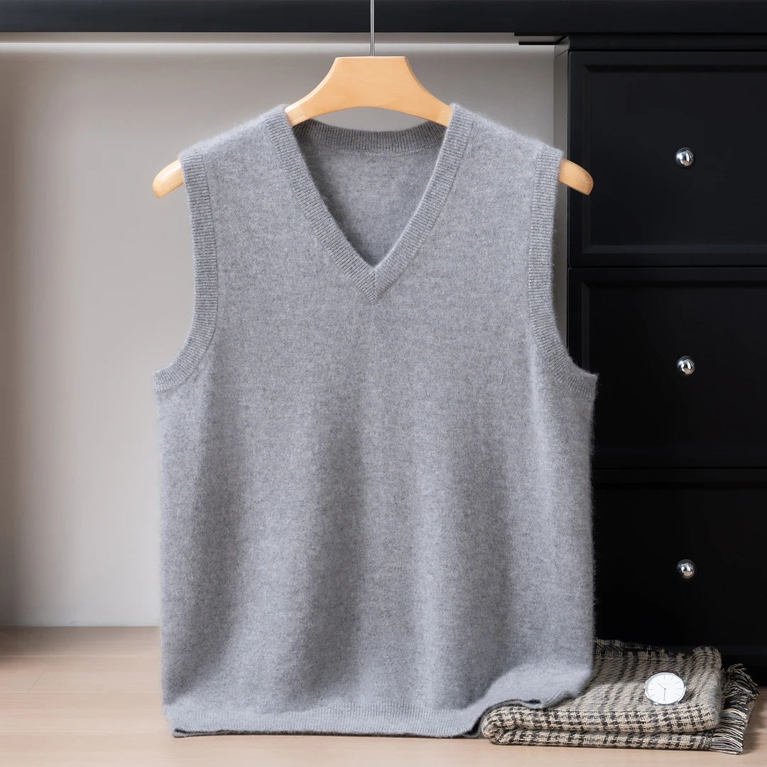 上新特惠】男士100%山羊绒210克秋冬加厚马夹纯色无袖保暖V领背心