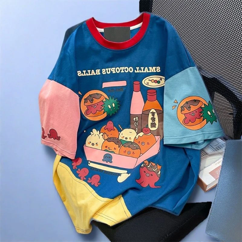 大码300斤韩版趣味可爱卡通印花短袖撞色拼接T恤男女宽松情侣上衣