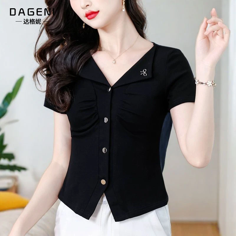 设计感V领开叉短袖t恤女2025夏季新款褶皱收腰显瘦打底衫短款上衣