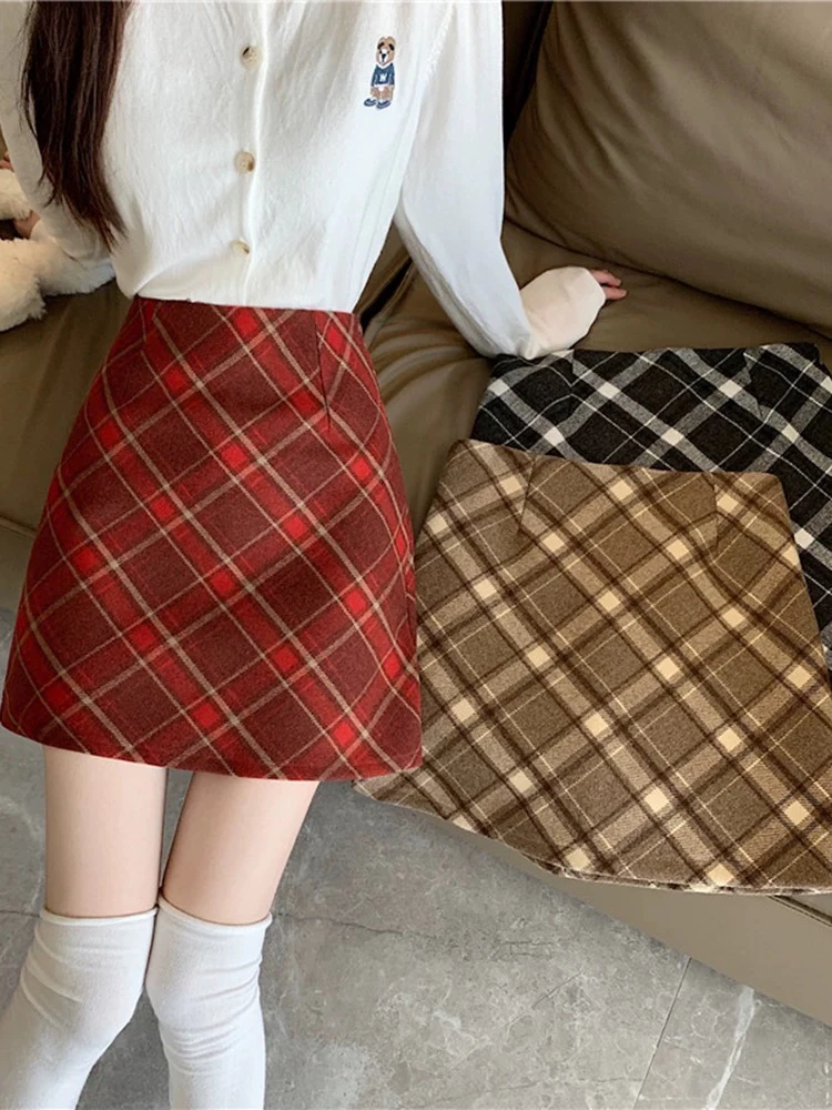 复古高腰红色格子毛呢半身裙女秋冬A字包臀短裙