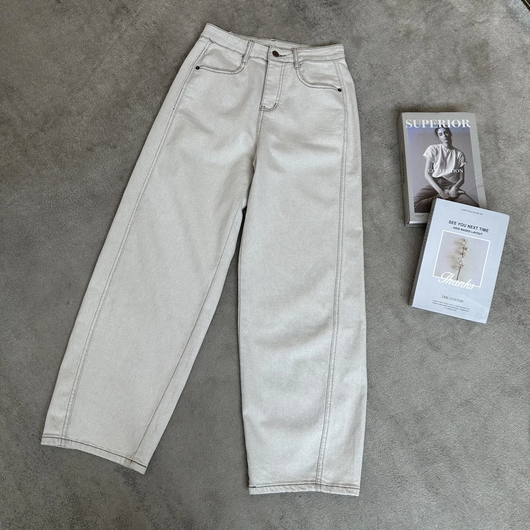 【米可家】早秋明线撞色米色牛仔弯刀裤121