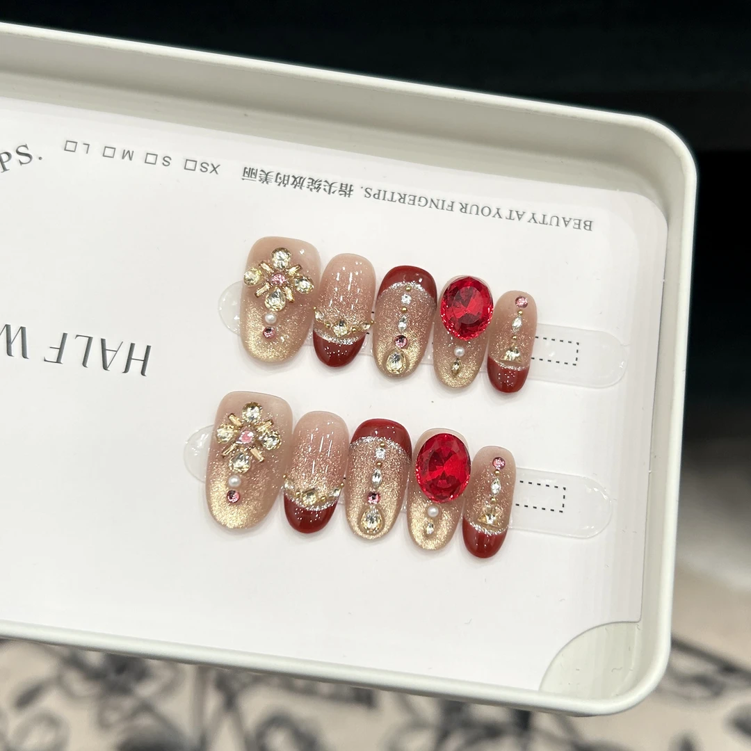 【红皇后】蓝珊手工穿戴甲轻奢法式爆闪香槟拼钻红宝石显白精致高级