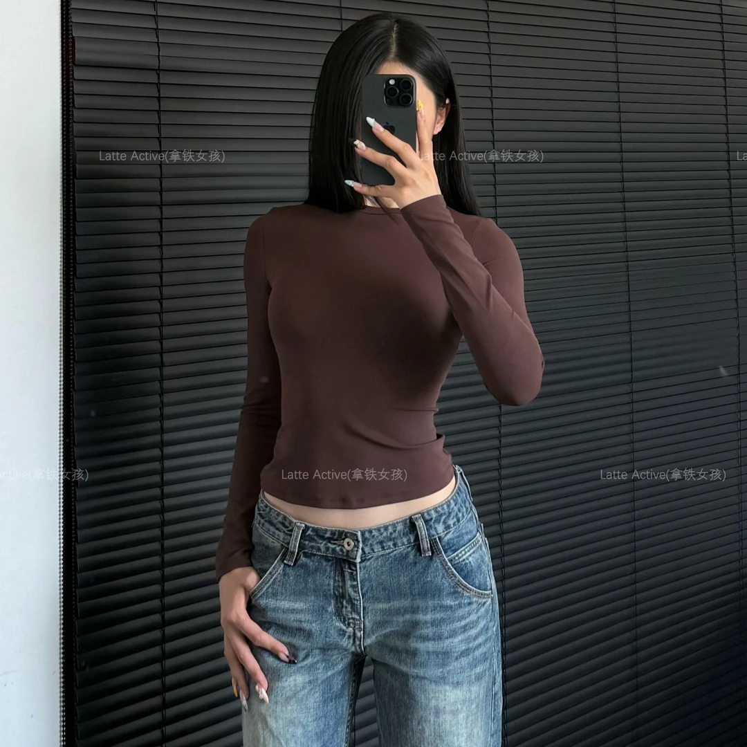 拿铁女孩健身上衣瑜伽服裸感高弹训练长袖运动户外速干打底透气女