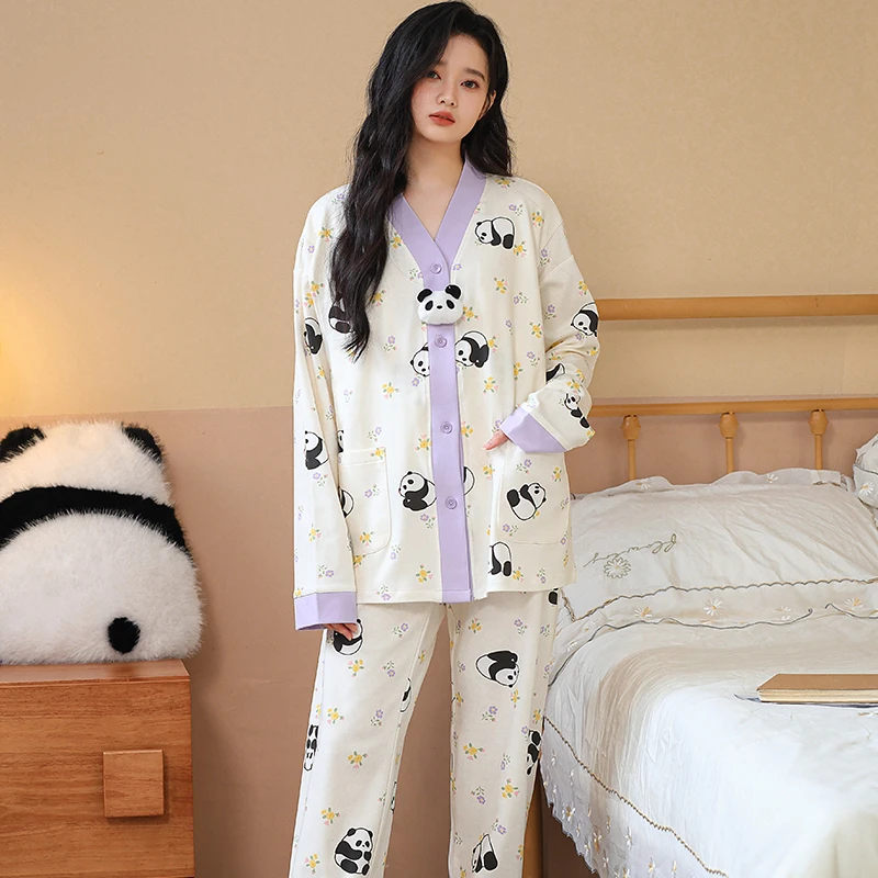 M【A类春秋款-带胸垫云感棉】月子服产后孕妇产妇哺乳睡衣宽松套装