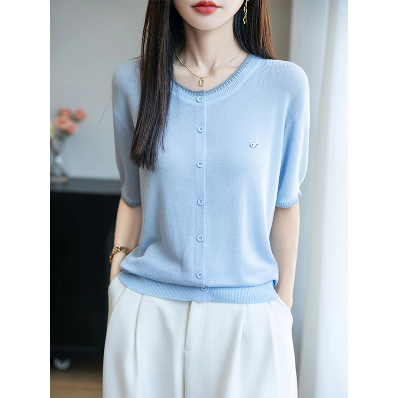 小清新气质女针织衫夏季薄款莱赛尔天丝撞色百搭显瘦圆领短袖开衫