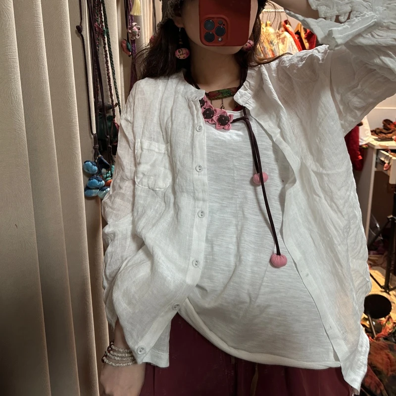 妞妞 新款脏染炒色立领口袋纽扣麻料小衫洋气百搭