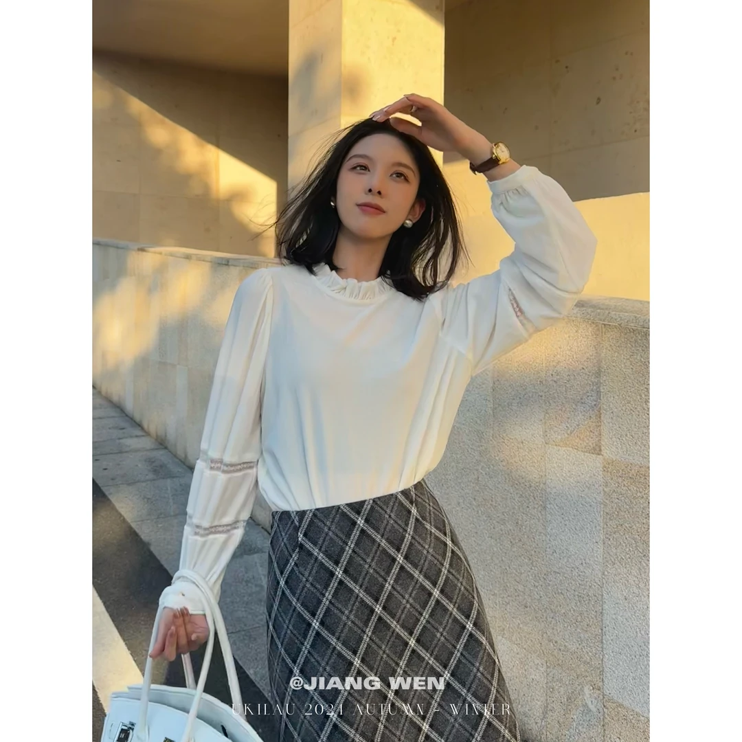 UKILAU【丝绒衬衫】甜美复古木耳花边领口宽松正肩衬衫