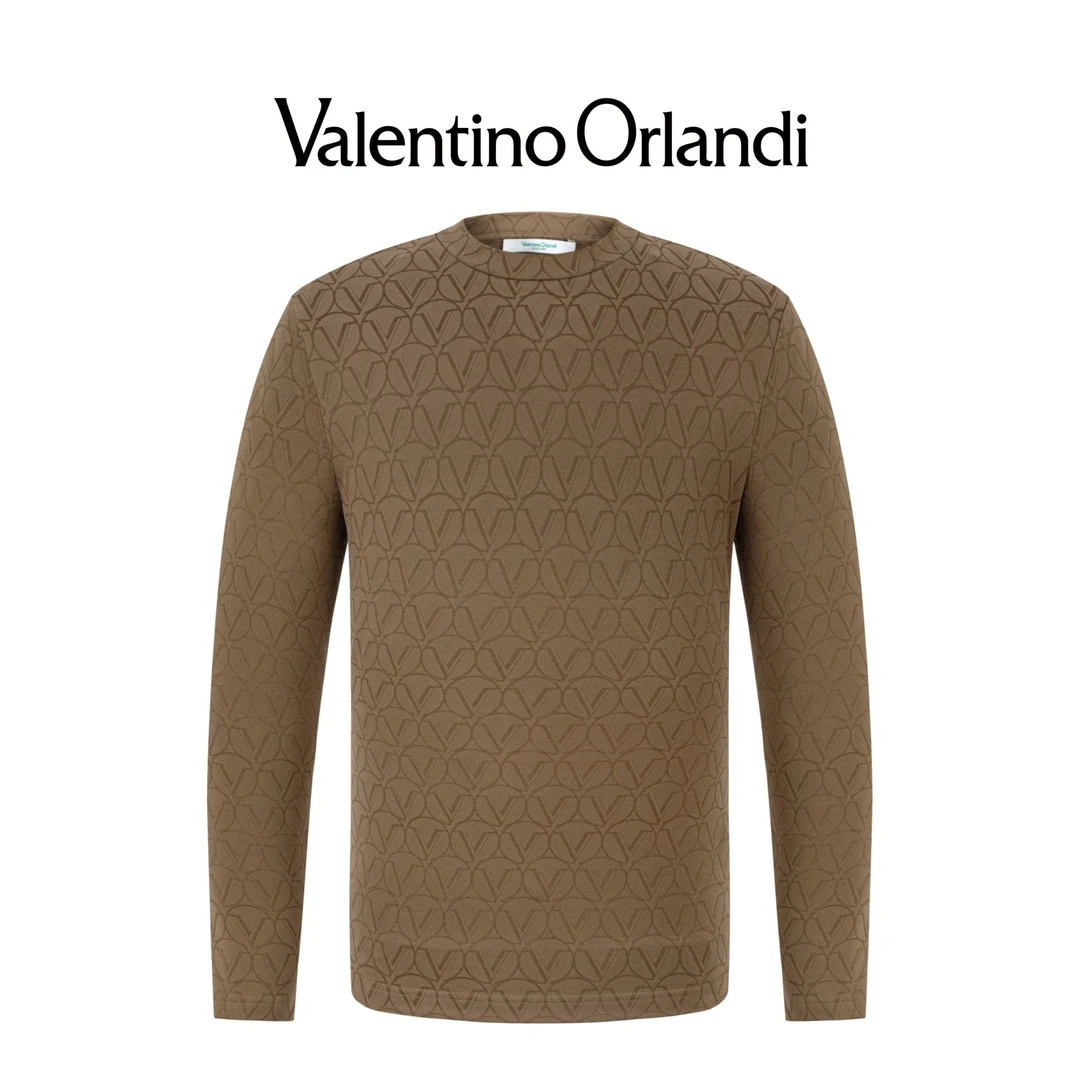 Valentino orlandi男士秋冬A版时尚百搭满印老花磨毛圆领长袖T恤
