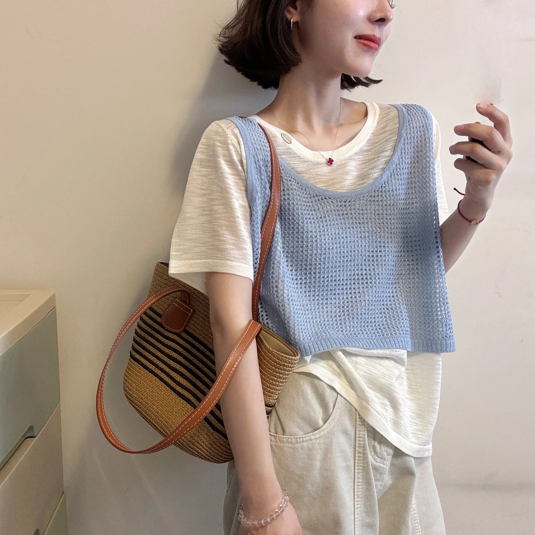 镂空背心假两件薄款针织衫短袖女2025新款夏季设计感chic韩系上衣