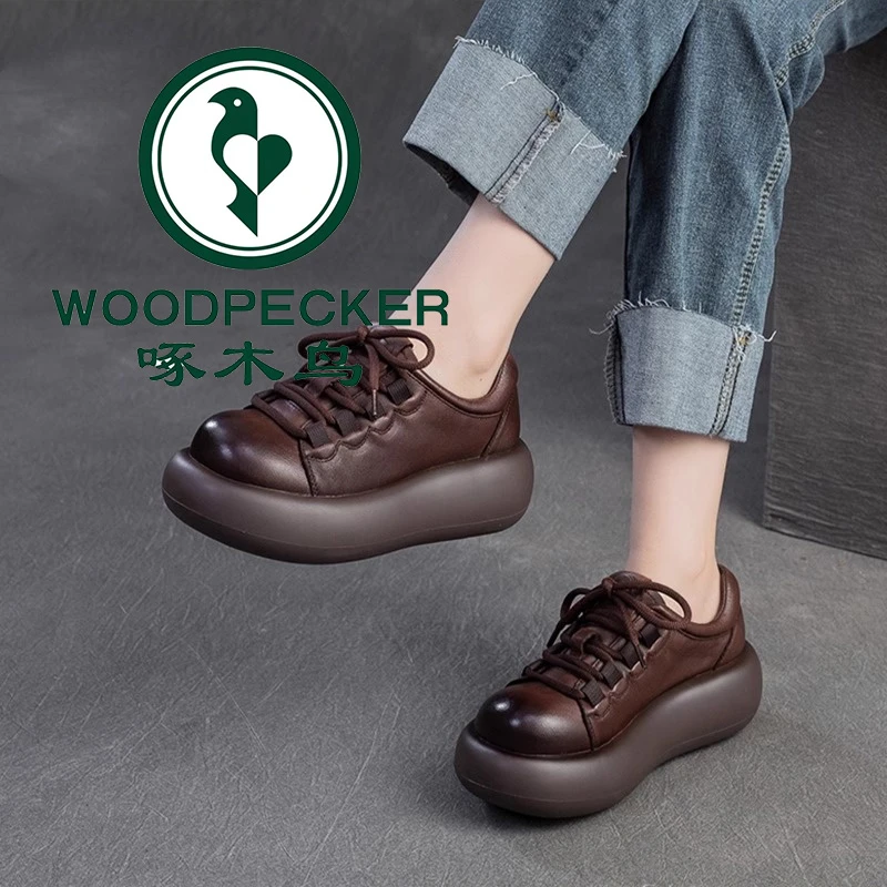 啄木鸟松糕厚底复古休闲单鞋女2025春季新款系带丑萌圆头深口皮鞋