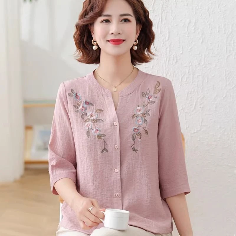 【现货+运费险】夏装棉麻刺绣衬衫女洋气中老年宽松T恤衬衣女XU121
