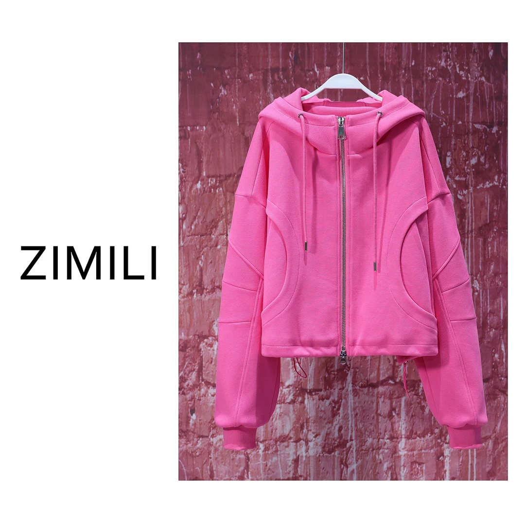 【LIANG哥女装】2024冬季《人面桃花相映红》玫粉色拼接连帽外套5769