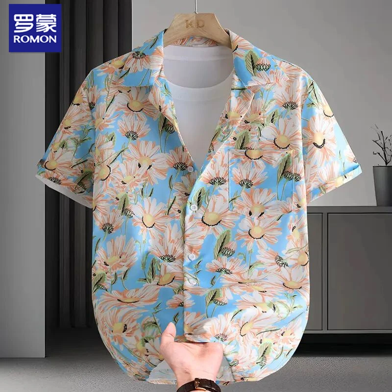 罗蒙夏季穿搭上衣男生阳光干净度假旅游花衬衫青少痞罗蒙短袖衬衫