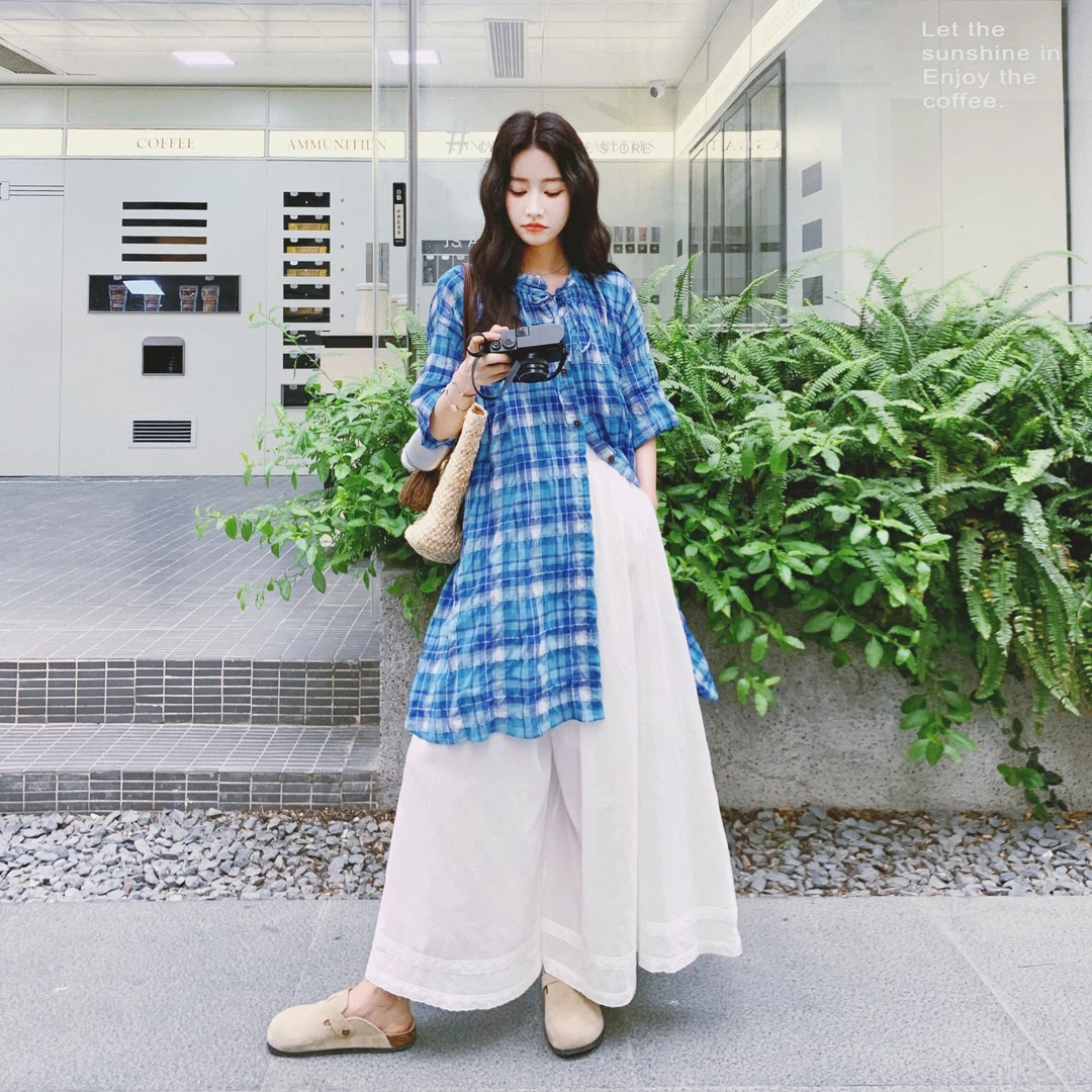 夏季ootd减龄穿搭一整套女2025新款小众设计格子长衫阔腿裤两件套