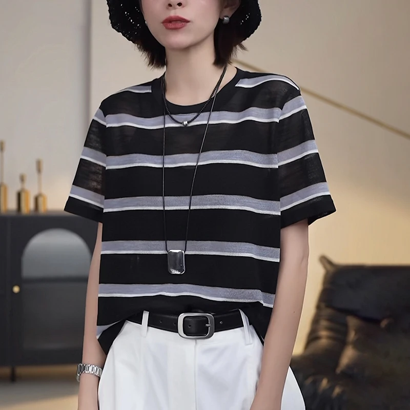 2025夏季新款条纹女短袖T恤时尚减龄宽松显瘦薄款针织上衣