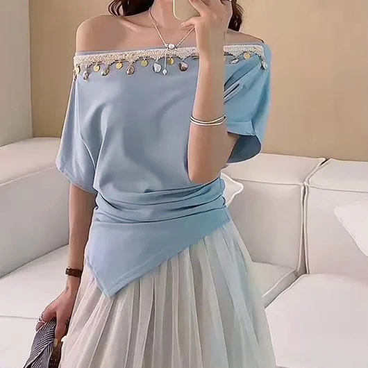 不规则钉珠流苏花边一字肩短袖T恤女夏季新款设计感褶皱修身上衣