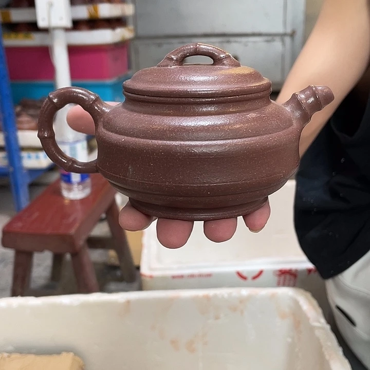 茶壶紫砂紫泥双线竹鼓