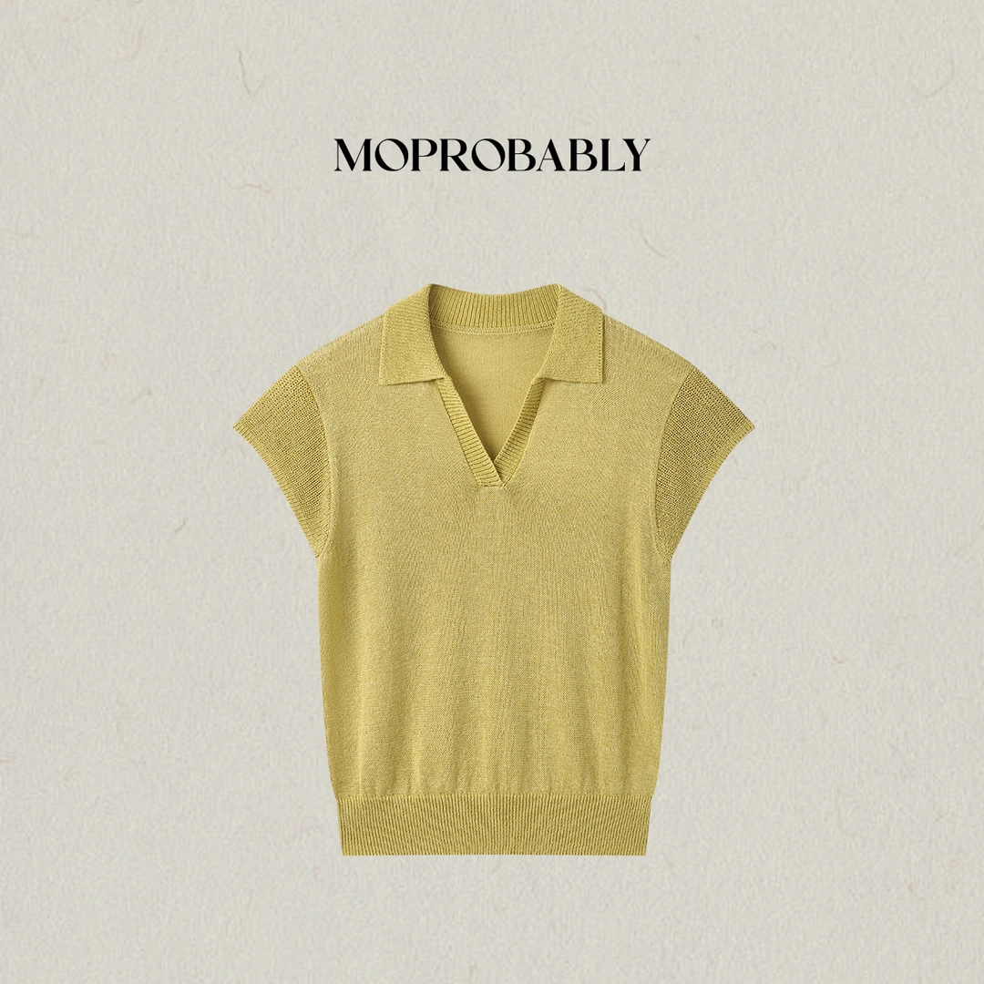 Moprobably李予诺"莱赛尔"气质百搭翻领小飞袖针织T恤L5276071