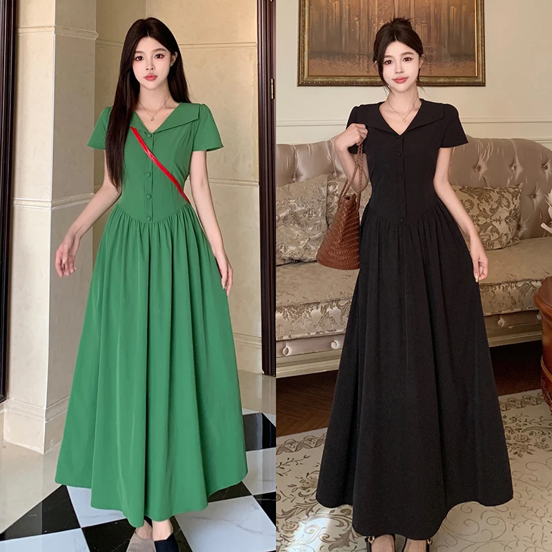 设计感连衣裙女2025夏季新款法式气质翻领短袖收腰褶皱中长款裙子