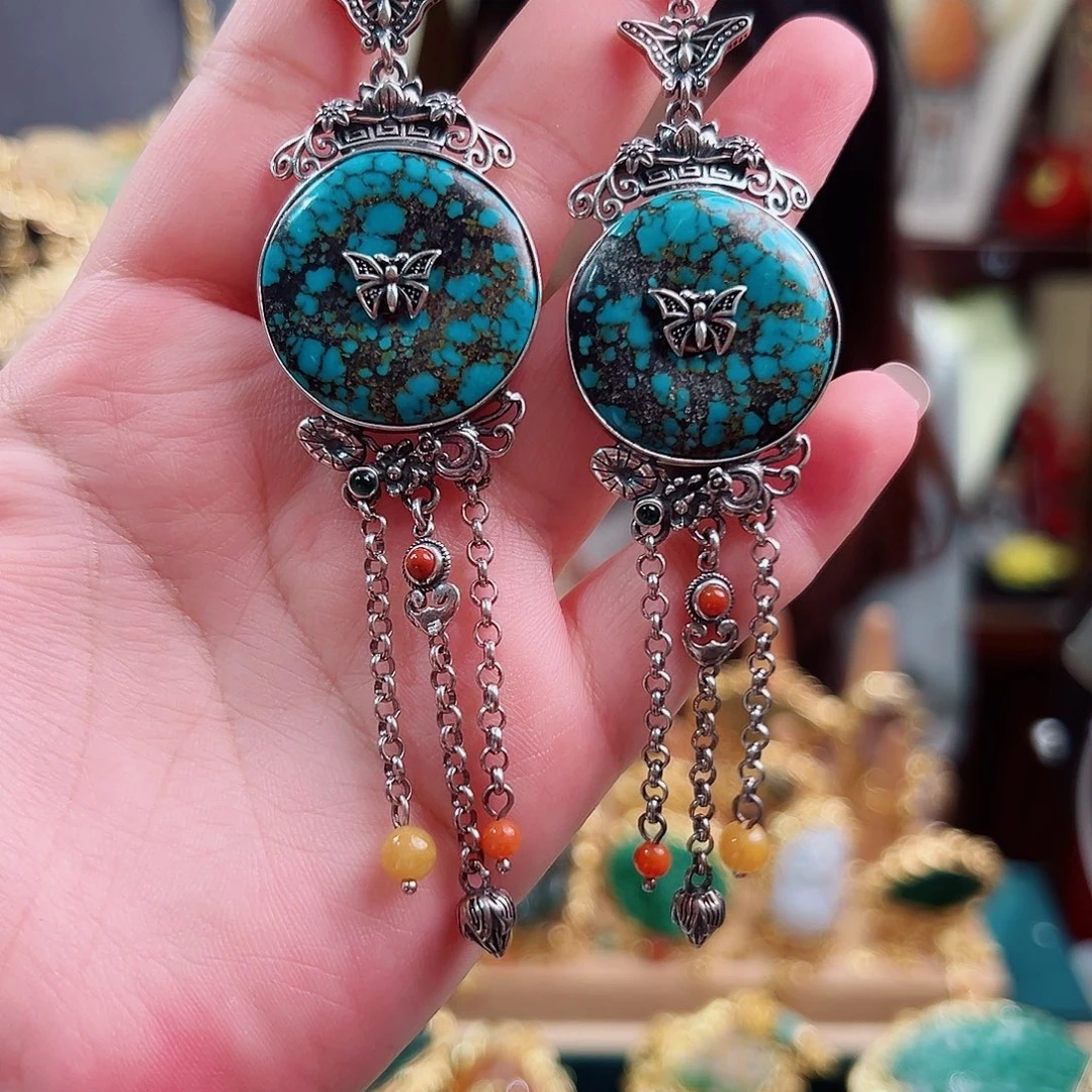 珐琅925银复古松松耳环