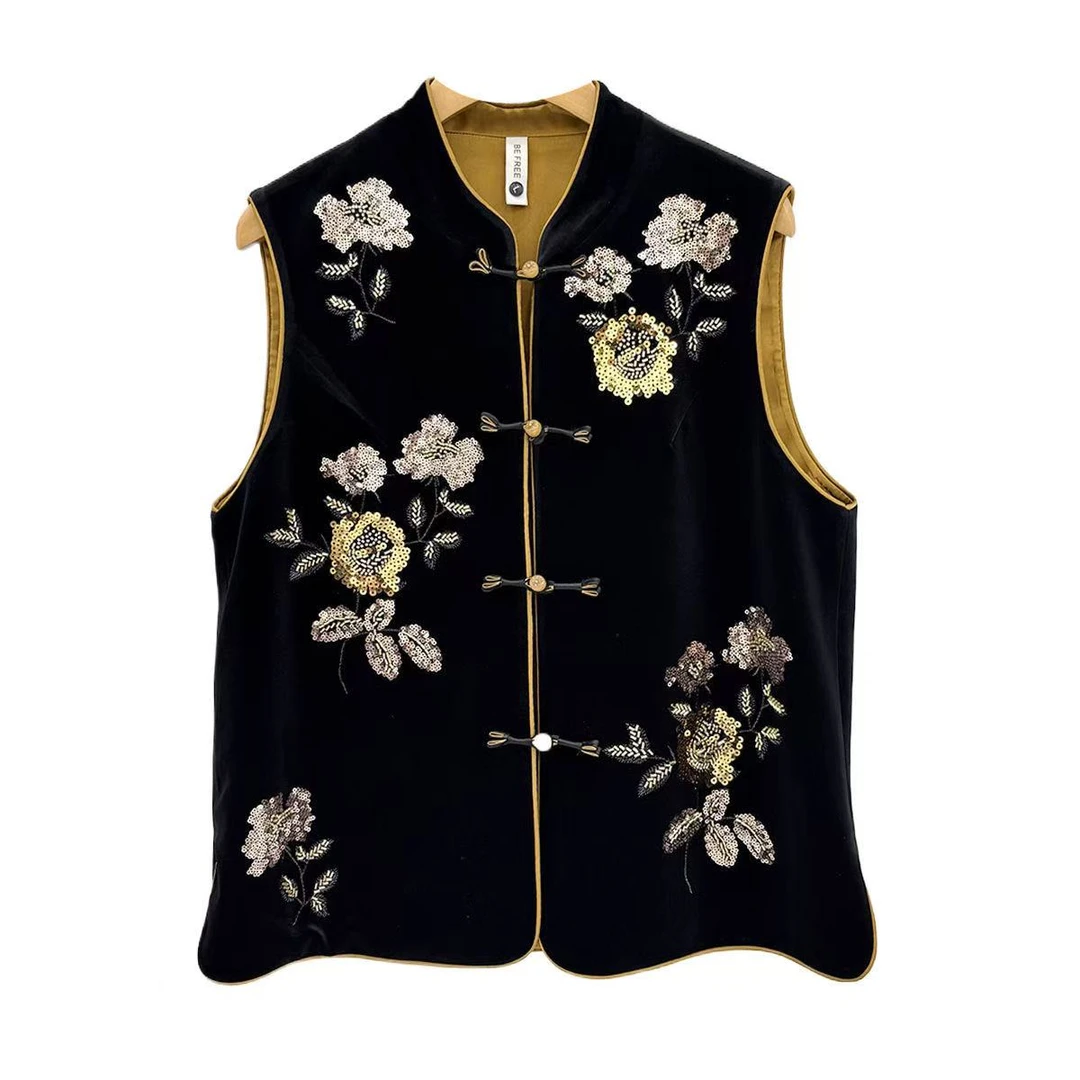 秋上新新中式复古刺绣亮片盘扣重工气质时尚老年妈妈无袖背心外套