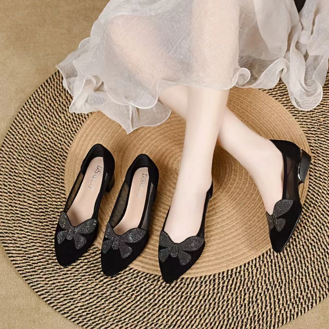 真皮尖头单鞋女2025夏季新款镂空网纱粗跟透气水钻不累脚中跟凉鞋