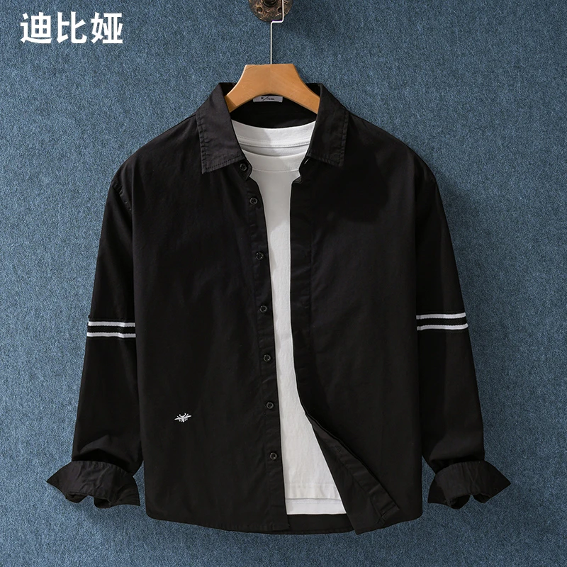 迪比娅小蜜蜂刺绣纯棉长袖衬衫男士秋季设计感撞色条纹休闲衬衣Y