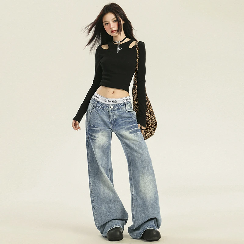 衣裤生活馆!爆款~手缝压皱美式复古水洗低腰牛仔裤宽松不贴腿裤