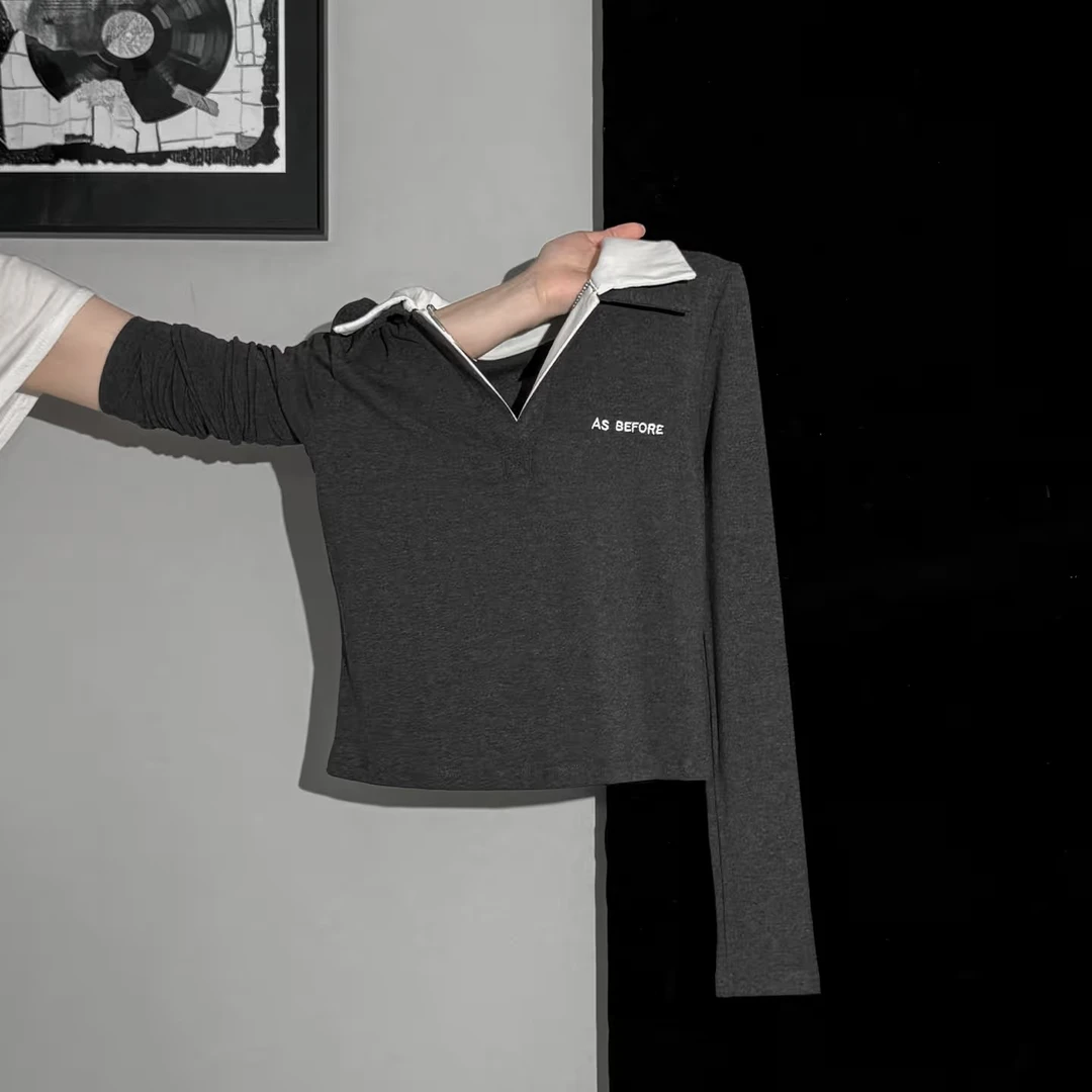 韩系撞色POLO领长袖T恤女2026秋冬季刺绣假两件内搭打底衫短上衣