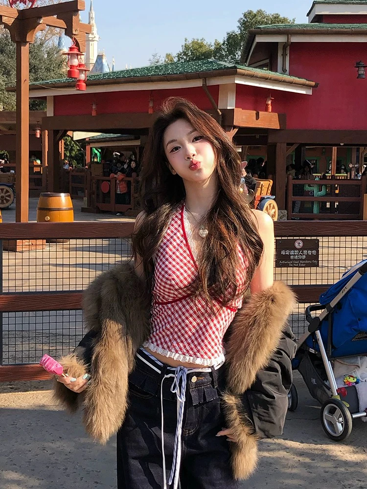 红色小众格子背心吊带