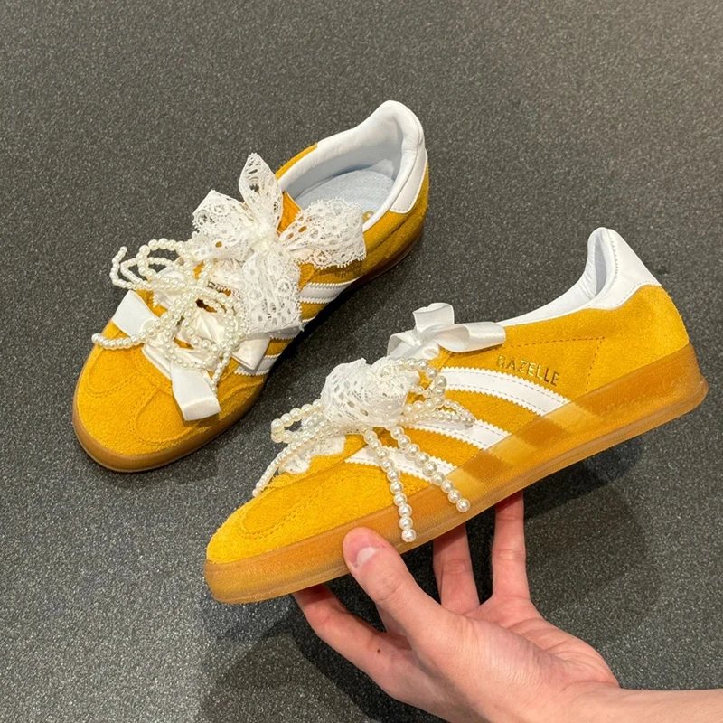 蕾丝鞋带阿迪德训鞋gazelle芭蕾风白色丝带diy装饰珍珠蝴蝶结鞋扣