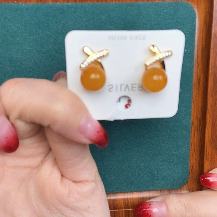 蜜蜡耳饰银S925镶嵌耳钉