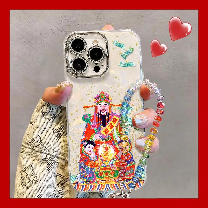 财神爷适用苹果15华为vivo/oppo小米iPhone16pro精孔贝壳纹手机壳