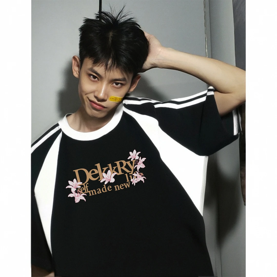 vibe花卉字母印花侧边条纹短袖T恤男春夏季美式百搭纯棉撞色上衣