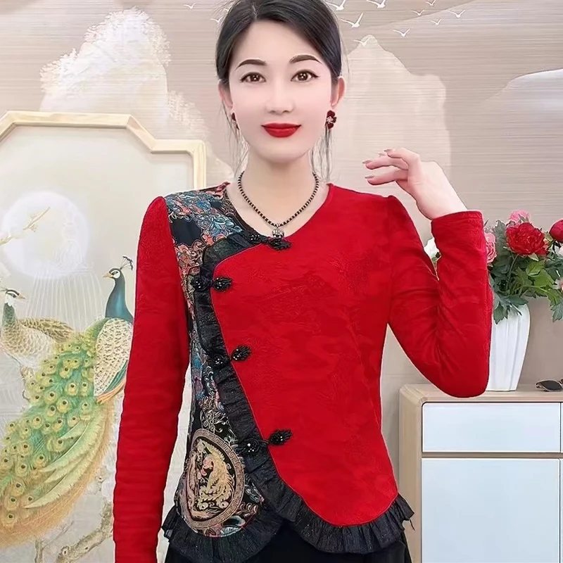 春秋新中式国风长袖小衫时尚复古盘扣拼接百搭妈妈上衣大码打底衫
