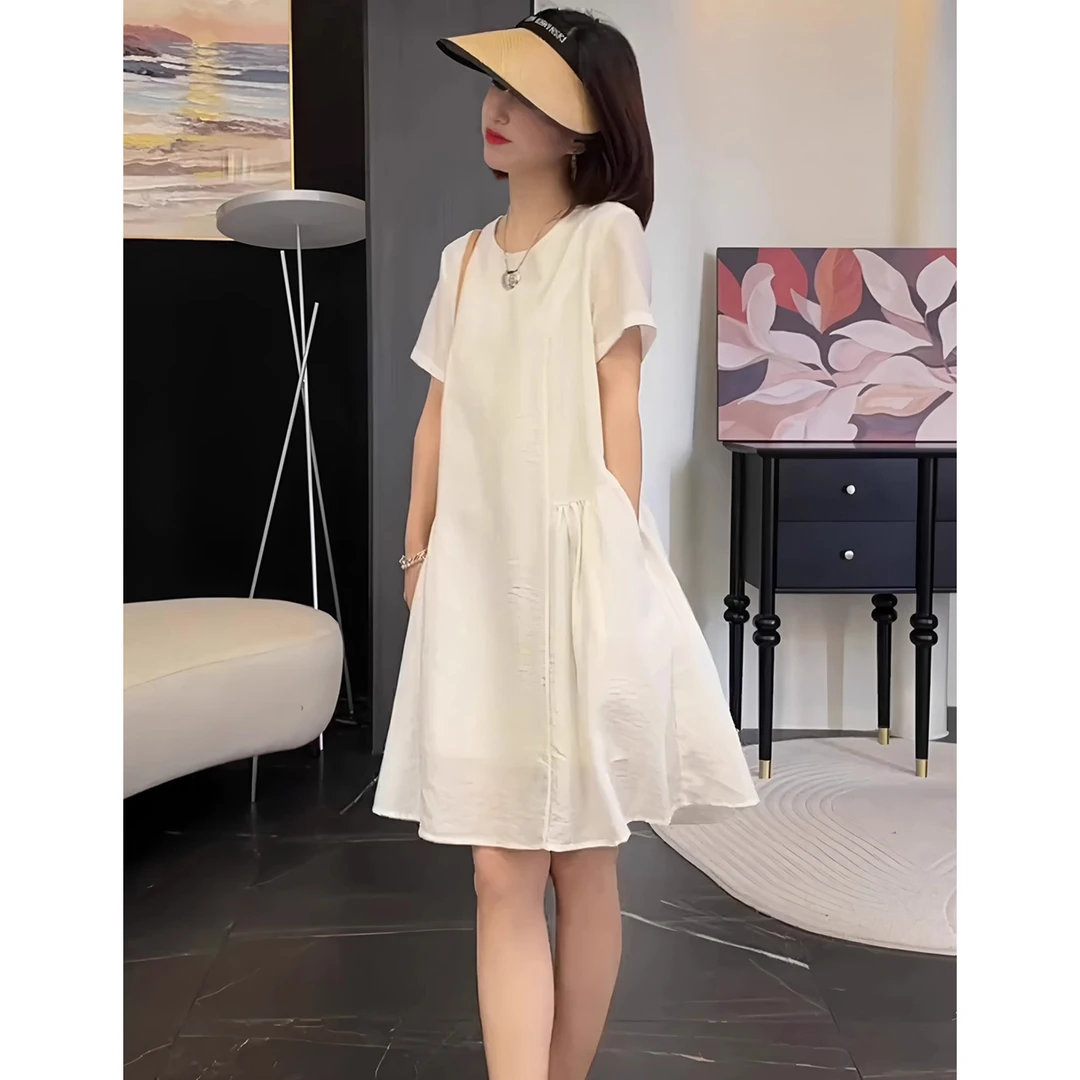 法式初恋短袖a字连衣裙女2025年新款爆款夏季时尚洋气宽松小白裙