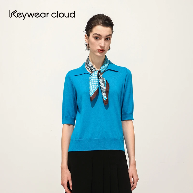 Keywearcloud奇威绵羊毛秋季通勤活力宝石蓝翻领短袖羊毛针织上衣